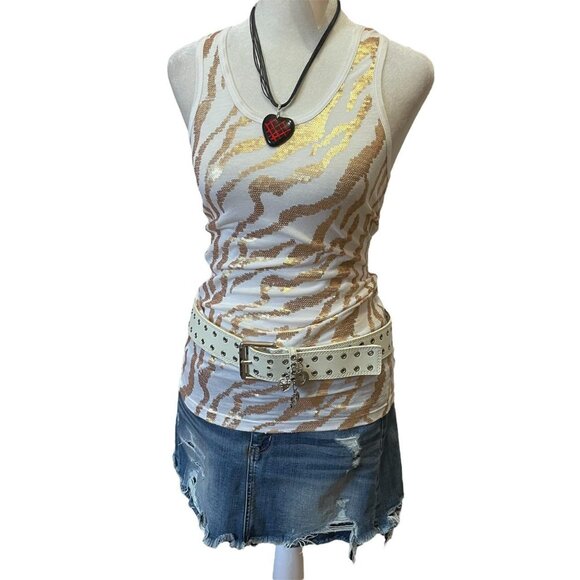 Y2K White and Gold Sequin Top - Picture 1 of 8